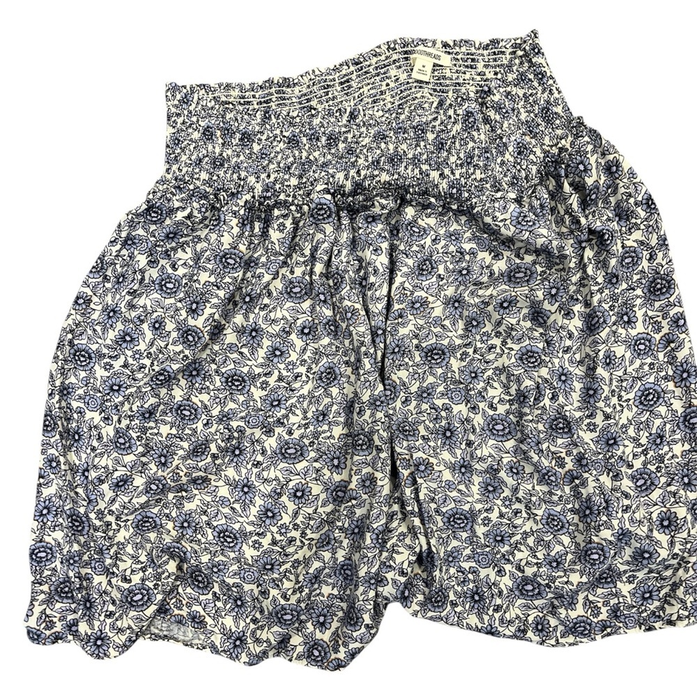 Flare Mini Skirt with White/Blue Floral Print and elastic waistband Sz Medium